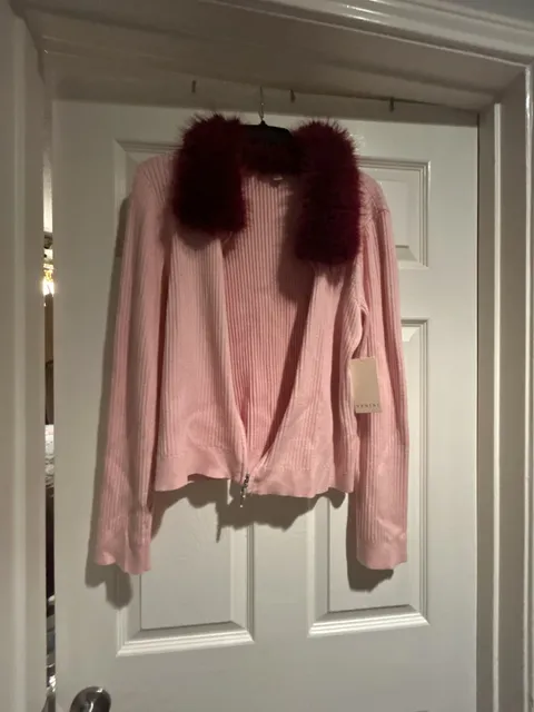 Venini Faux Fur Collar Ribbed Cardigan Size L Pink