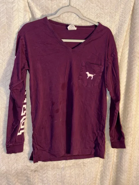 Pink Victoria's Secret Long Sleeve Tee Size XS Maroon Pocket Logo