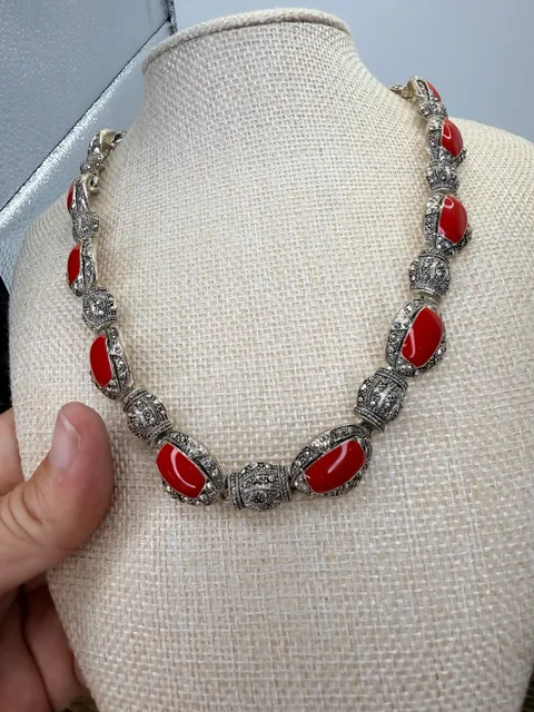 Vintage Red Stone Marcasite Silvertone Statement Necklace