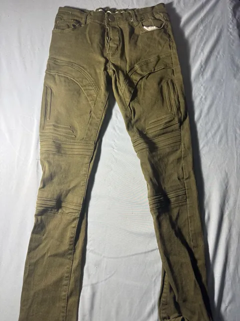 Retro Stitch Moto Jeans Size 34x32 Olive Green Biker Denim