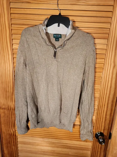 David Taylor Collection Men's Large Tan Ribbed Knit 1/4 Zip Sweater Fleece Lined Collar