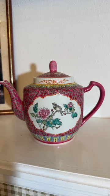 Vintage Chinese Rose Porcelain Teapot Pink Bird And Floral Panels
