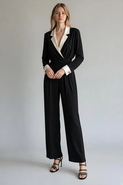 Jones New York Dress Jumpsuit Size 8 Black White Satin Trim