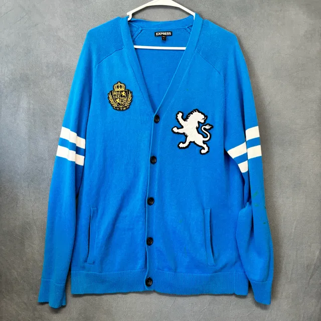 Express Cardigan Sweater Size L Blue Crest Patch Varsity READ!!!