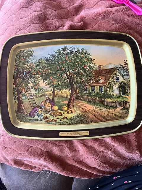 Vintage Currier & Ives American Homestead Autumn Metal Serving Tray