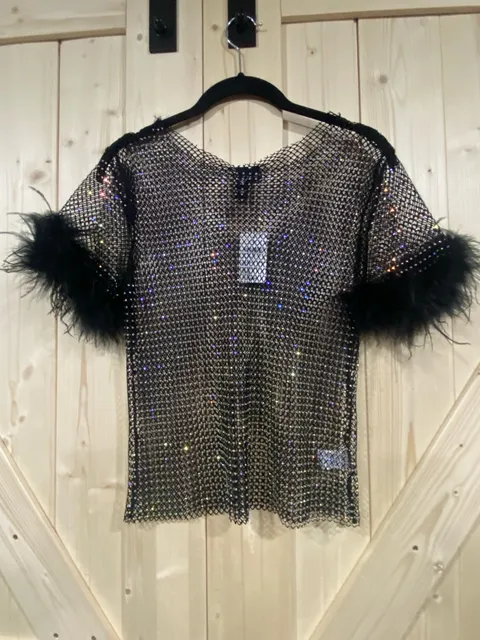 Windsor Rhinestone Mesh Top Size S Black Feather Trim