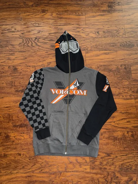 Youth XL Volcom Full Zip Hoodie Face Mask Goggles Checkered Gray Orange
