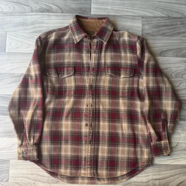 Faded Glory Brawny Flannel Shirt Size L Maroon Tan Plaid