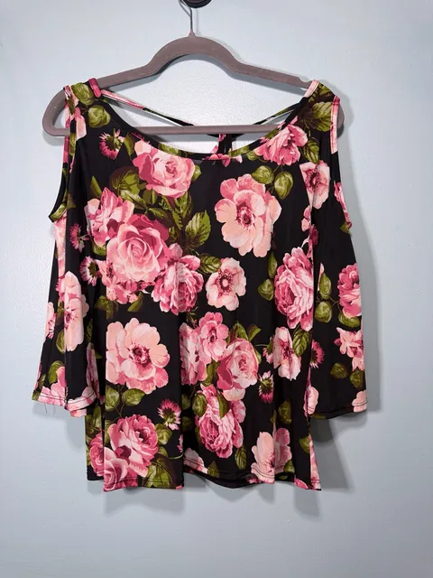 Cold Shoulder Floral Blouse Black Pink Floral