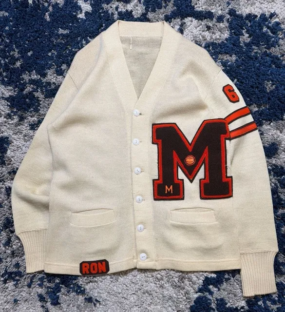 Vintage Letterman Cardigan Sweater White Chenille M 65 Ron