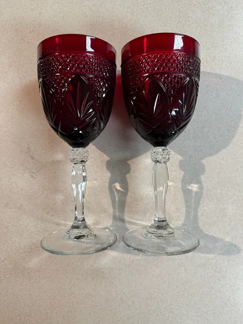 Vintage Ruby Red Cut Crystal Wine Glasses Set Of 2