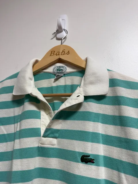 IZOD Lacoste Vintage Striped Polo Shirt Size L Green White Cotton