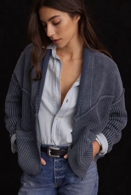 Pilcro Acid Wash Cardigan Size S Blue Cotton Sweater