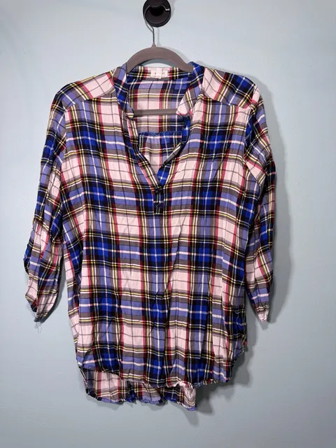 Market & Spruce Plaid Popover Blouse Small Blue