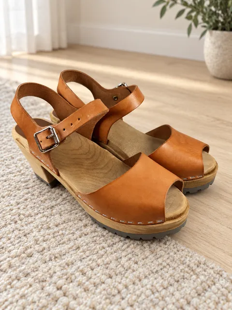 MIA Greta Swedish Clog Sandals Brown Leather Wood Platform Lug Sole EU 40