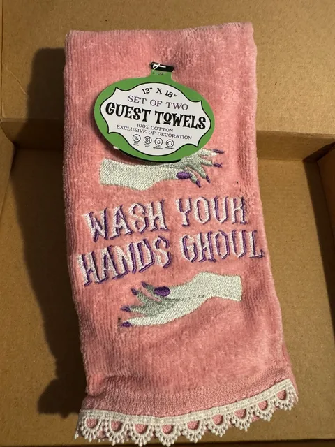 Wash Your Hands Ghouls Guest Towels Set of Two 12x18 Pink Cotton