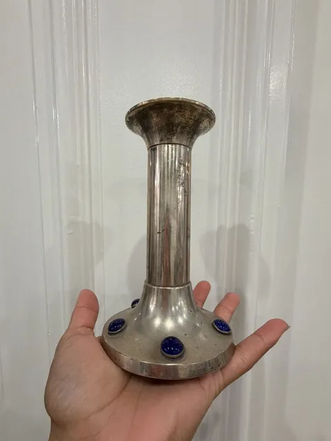 Vintage Silver Plated Lapis Lazuli Cabochon Candlestick Holder