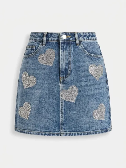 Main Strip Sweet Statement Rhinestone Heart Denim Skirt