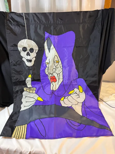 Vintage Halloween Witch and Skull Nylon House Flag Banner 27.25x39.5