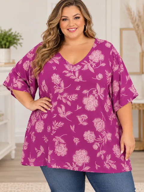 Croft & Barrow The Classic Tee Size 4X Purple Floral V-Neck Top