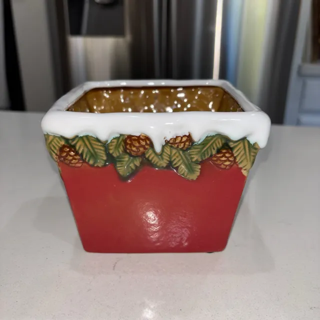 Vintage Ceramic Christmas Snow Pine Cone Small Planter Pot