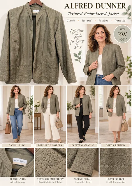 Alfred Dunner Textured Embroidered Open Jacket Size 22W Olive Green