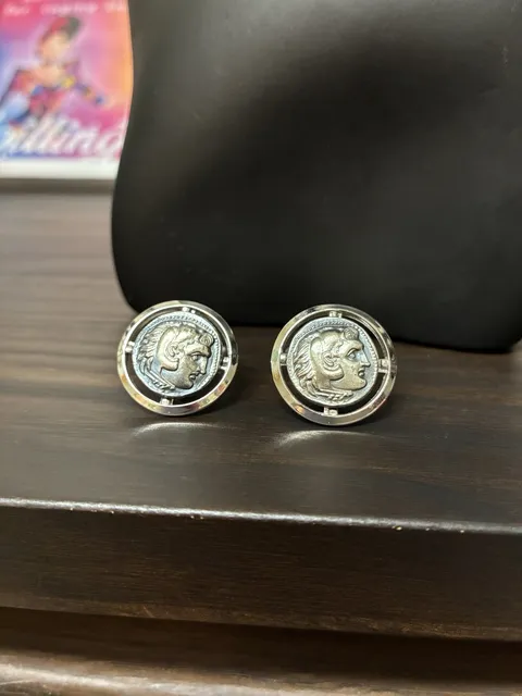 Vintage 1970s Roman Coin Cufflinks Silver Tone Greek Alexander The Great