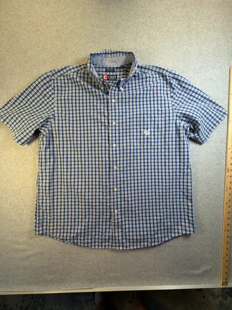 Chaps Short Sleeve Button Down Shirt Size XL Blue Plaid Easy Care