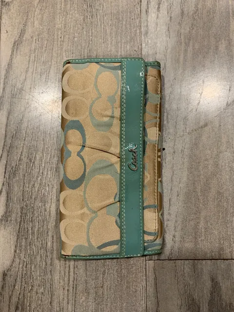 Y2K Coach Signature C Patent Leather Trim Long Wallet Blue Khaki