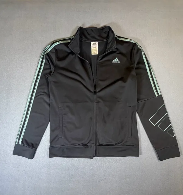 Adidas Track Jacket Size XL (18/20) Black Green Full Zip Activewear