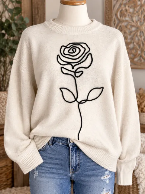 Love & Lace Embroidered Rose Sweater Cream