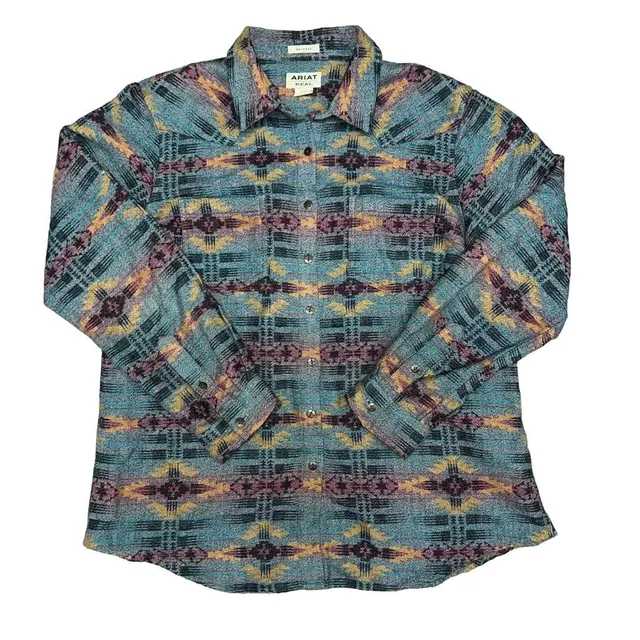 Ariat Real Aztec Print Western Shirt Size L/G Blue women’s button down sweater