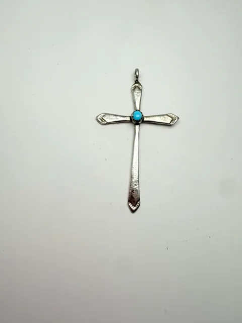 Vintage Southwestern Turquoise Sterling Cross Pendant Charm!