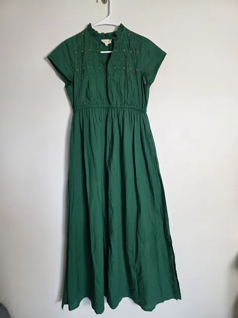 Ex Voto Green Cotton Dress Size XS Smocked Beaded Midi