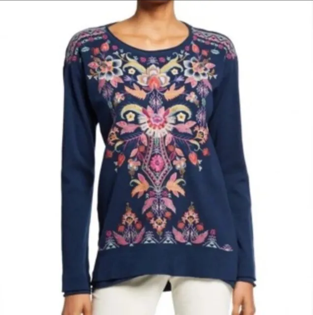 Johnny Was Ioana Embroidered Thermal Top Size 3X Navy NWT Boho