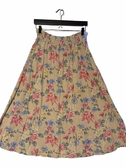Talbots Vintage Floral Skirt Size M Yellow Cotton Midi Ruffle Waist