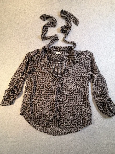 teenbell Button Down Blouse Size S Black Grey Print Tie Neck Sheer
