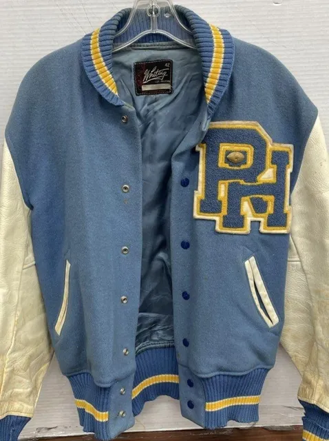 Whiting Varsity Jacket Size 42 Blue White Wool Leather Letterman