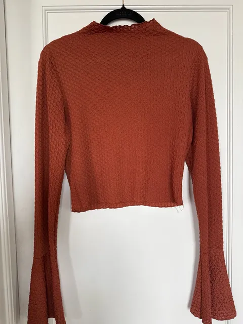 Textured Long Sleeve Crop Top Rust Brown Bell Sleeves Mock Neck