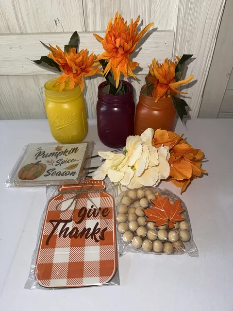 Ball Fall Thanksgiving Decor Bundle Mason Jars Wood Sign And Florals