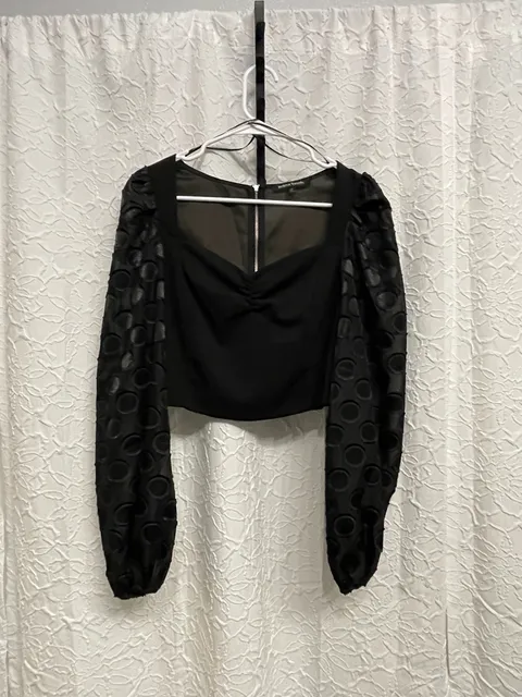 Jealous Tomato Black Sheer Textured Polka Dot Balloon Sleeve Crop Top Blouse M