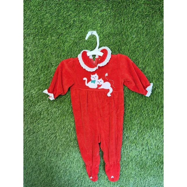 Vintage Baby Footed Sleeper 6-9 Months Red Cat Applique Ruffle Collar