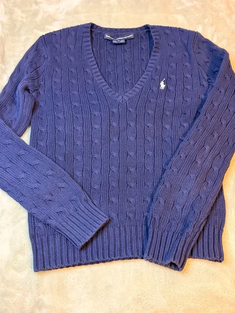 Ralph Lauren Sport Cable-Knit V-Neck Sweater Size M Blue Cotton