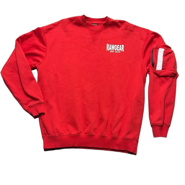 Rawgear Logo Crewneck Sweatshirt Red Gym Wear With Zipper Storage On arm Sleeve