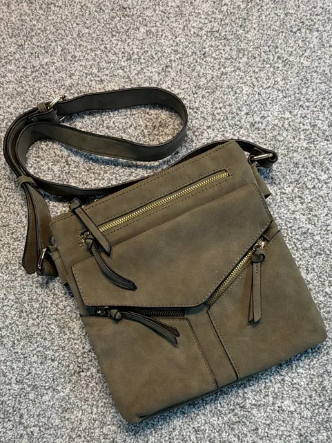 Crossbody Bag Olive Green Faux Suede Multi Pocket Adj. shoulder strap