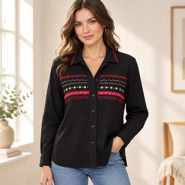 Saint Germain Embroidered Button Down Shirt Size Large Black Cotton