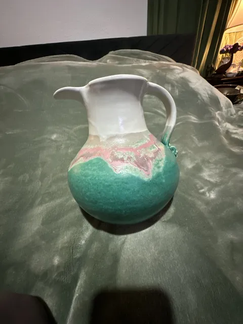 James Husted Signed Ceramic Pitcher Vase Green Pink Glaze 1996