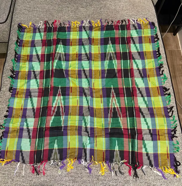 076-Handmade Multi Color Plaid Ikat Scarf 32”x33”Multi