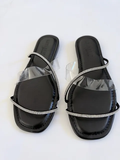 Kayleen Karly-4 Sandals Size 7.5 Black Rhinestone Flat