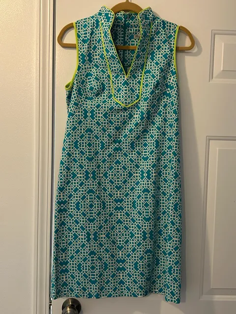 Eliza B Dress Size 4 Teal Geometric Sleeveless Stand Collar